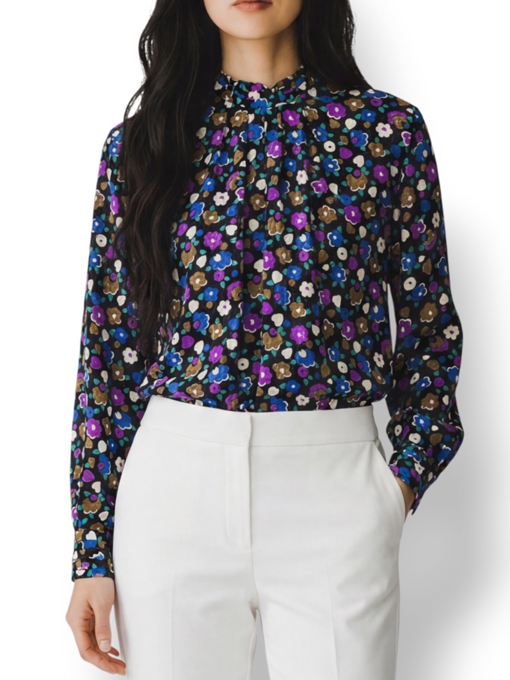 Vintage A-Doll Kobe Floral Blouse High Neck Pleated Long Sleeve Multicolor 11 M